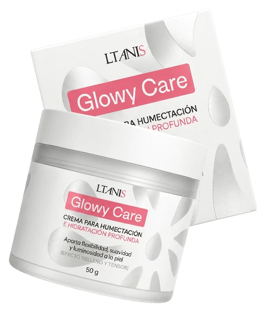 Envase y caja de Glowy Care LTANIS 50 g, crema para humectación e hidratación profunda